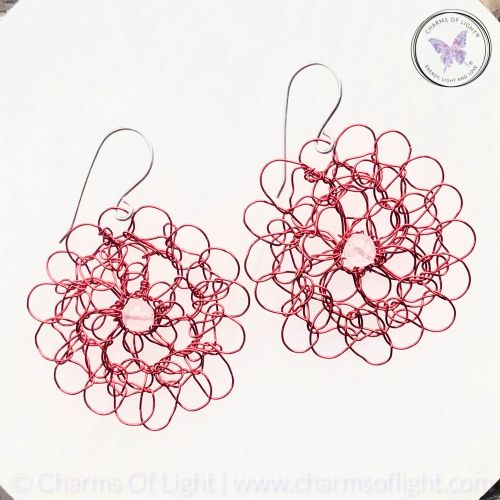 Copper Wire Crochet Medallion Earrings With Clear Quartz (Red)